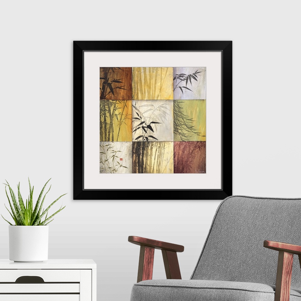 A modern room featuring Square painting of nine images of bamboo in different colors and views.