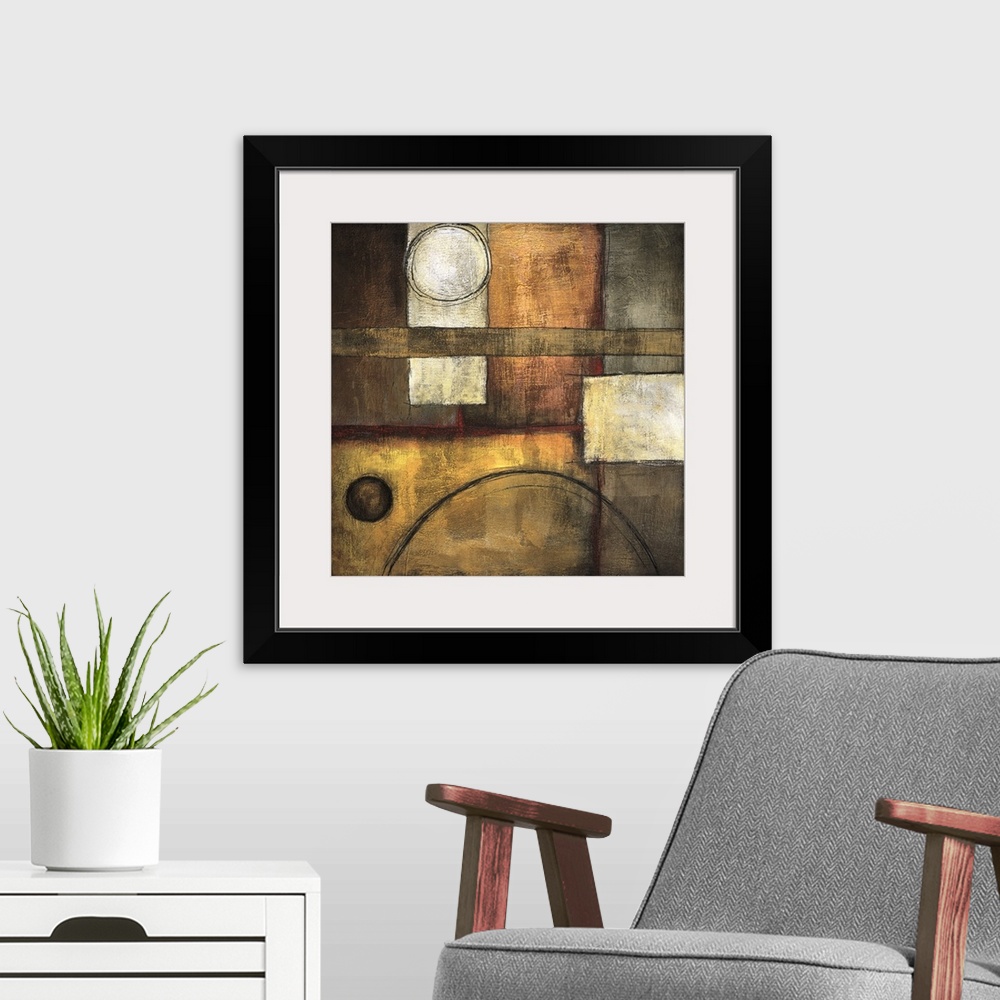 A modern room featuring Abstract painting of square and rectangle shapes overlapped with circular elements, all done in e...