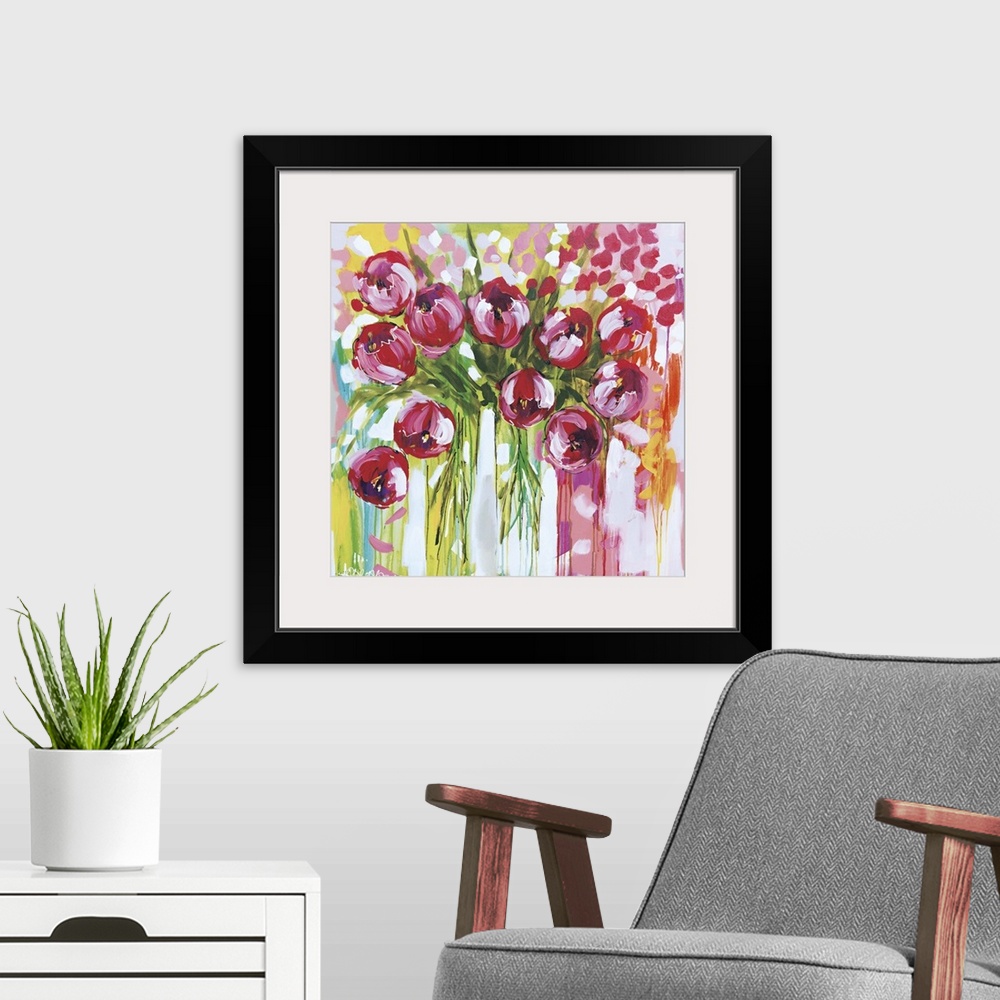 A modern room featuring Square contemporary painting of a bunch of pink tulips in vases.