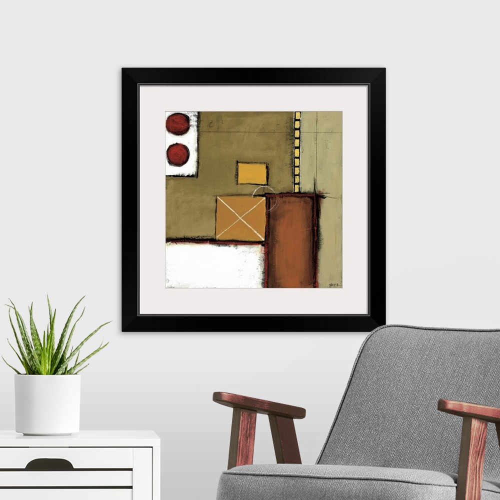 A modern room featuring Abstract painting of squared shapes overlapped with circular and "x" elements and a vertical stri...