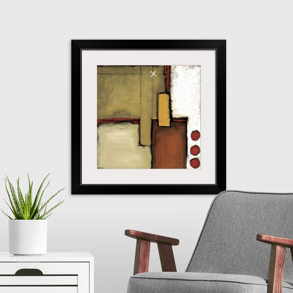 A modern room featuring Abstract painting of squared shapes overlapped with circular and "x" elements all done in earth t...