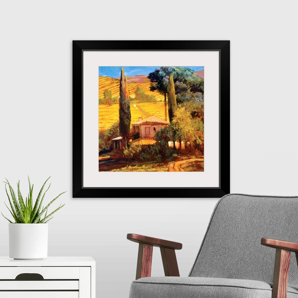 A modern room featuring A contemporary painting of a Tuscany countryside, with rolling hills and houses.