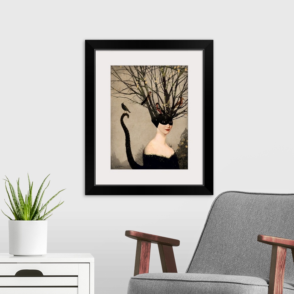 A modern room featuring A woman with a cat tail has tree branches coming from her head where birds are resting.