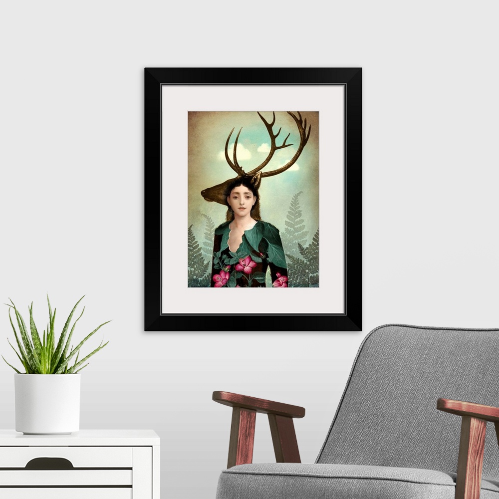 A modern room featuring A portrait of a young lady in a floral dress who is surround by large fern leaves.  A profile of ...