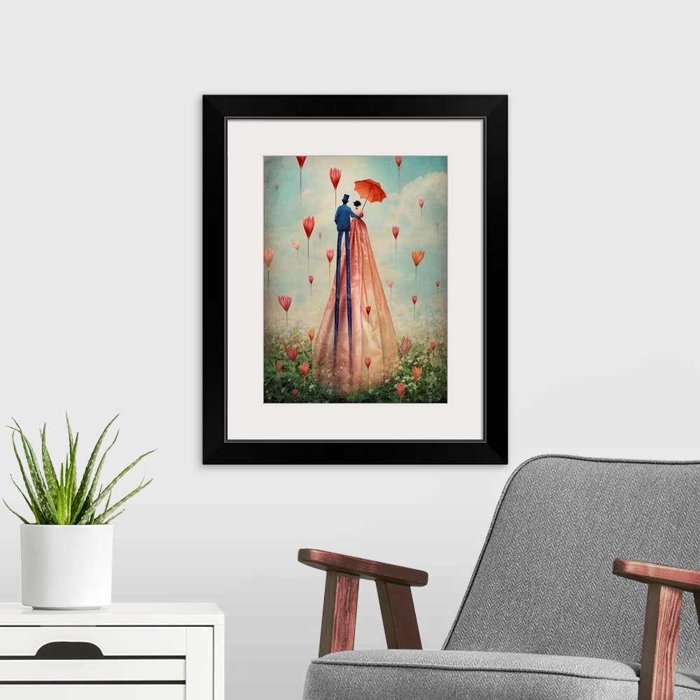 A modern room featuring A contemporary painting of a couple walking through a filed with flowers floating in the air.
