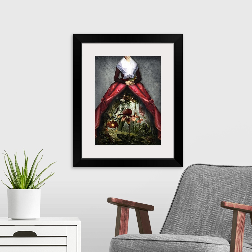 A modern room featuring Digital composite of a woman in Victorian clothes with a floral garden scene peeping through the ...