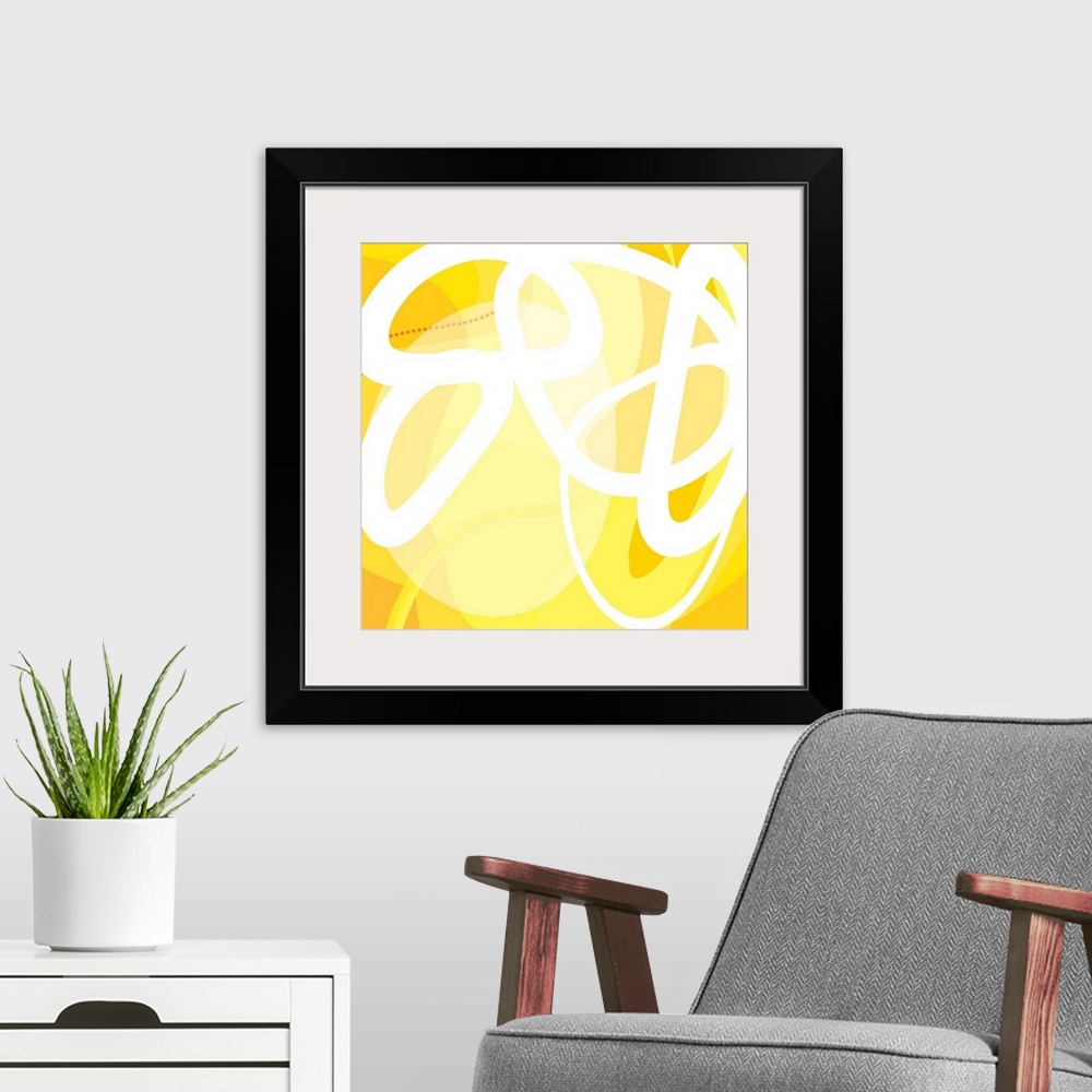 A modern room featuring A square abstract design of curved lines and circular shapes on a yellow background.