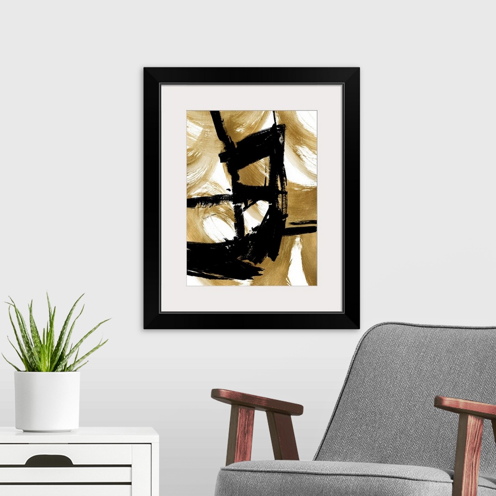 A modern room featuring Contemporay Abstract Black Gold II XB