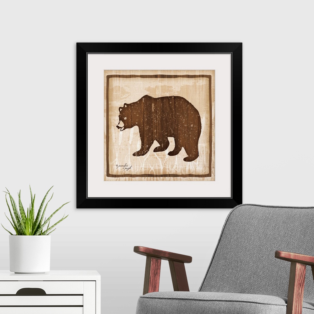 A modern room featuring Distressed cabin decor themed artwork of a semi-silhouetted bear against a light brown background.