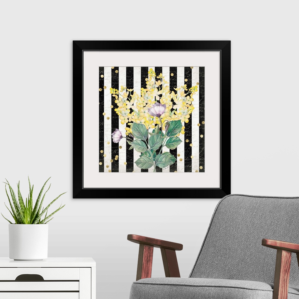 A modern room featuring Contemporary artwork of colorful flowers against a black and white striped background with golden...
