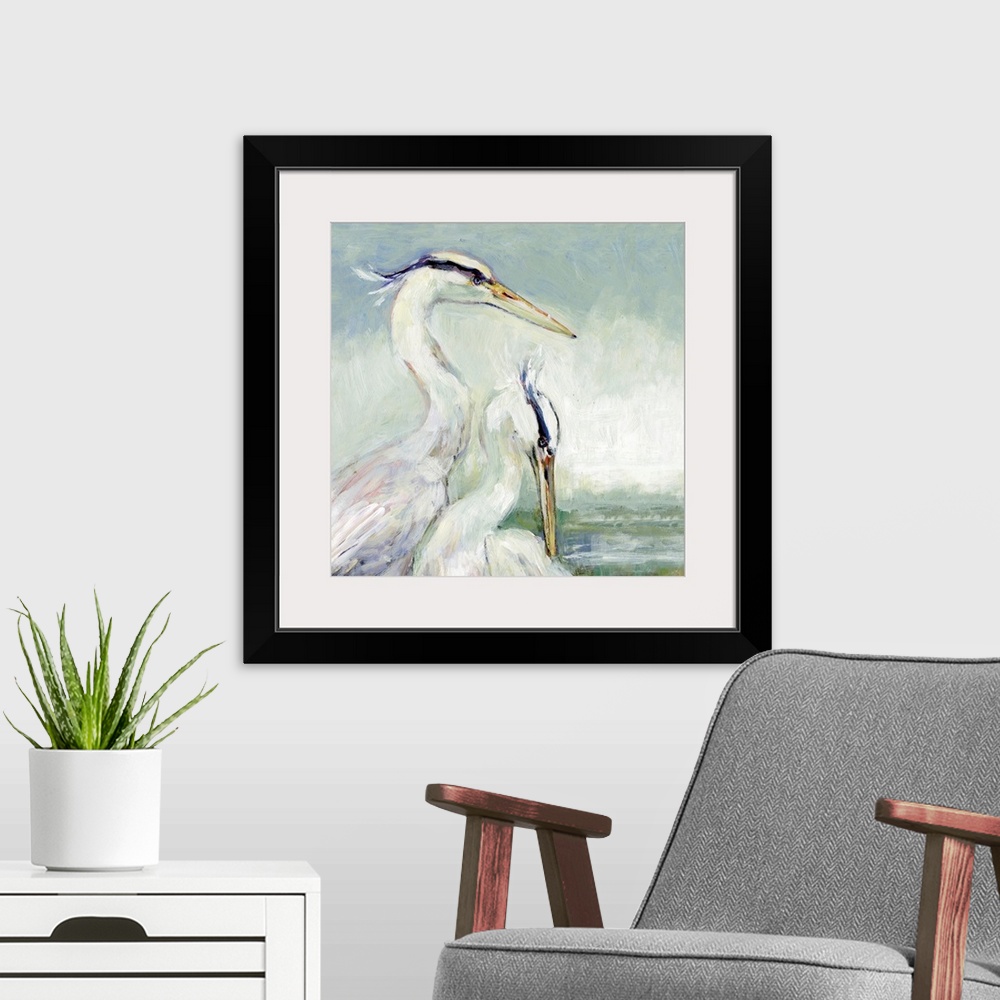 A modern room featuring A pair of egrets bring the graceful sea bird into any coastal decor.