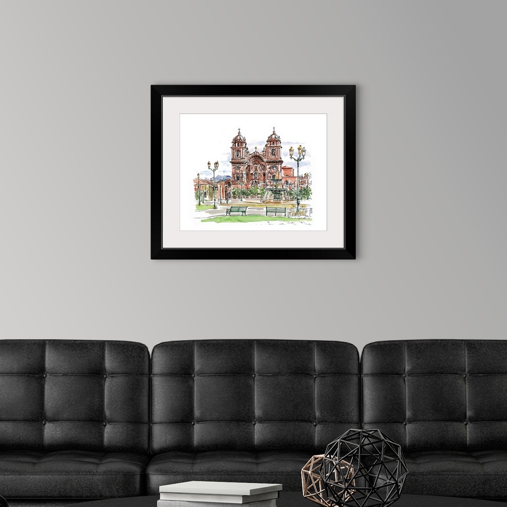 A modern room featuring A lovely pen and ink depiction of a European cathedral