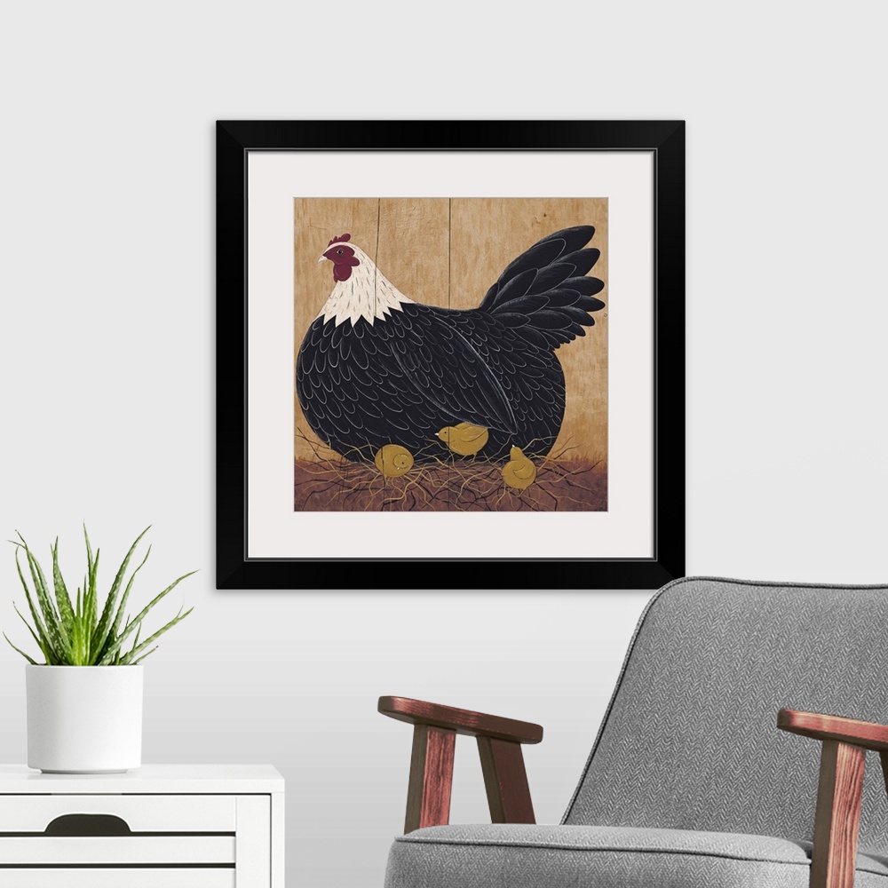 A modern room featuring Portrait folk art on a big wall hanging of chicken sitting on a pile of straw, while several tiny...