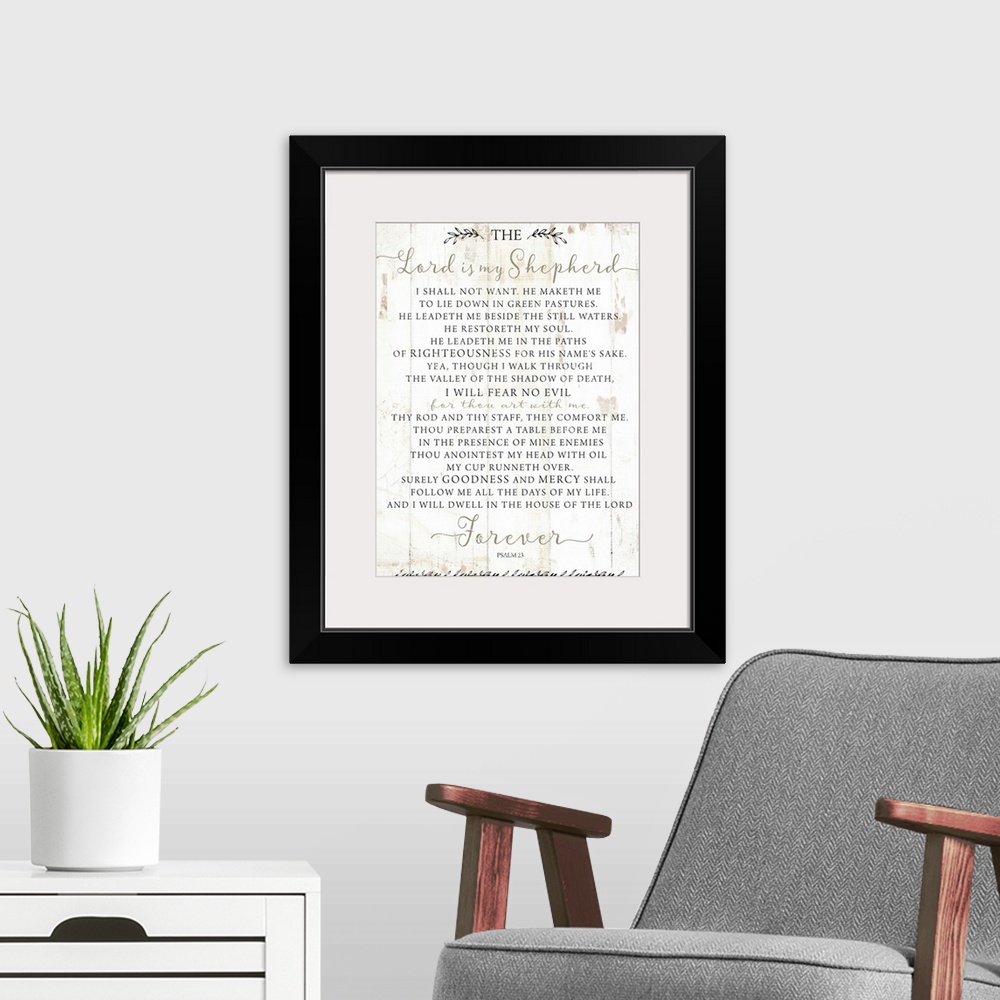 A modern room featuring Psalm 23 on a white shiplap wood background.