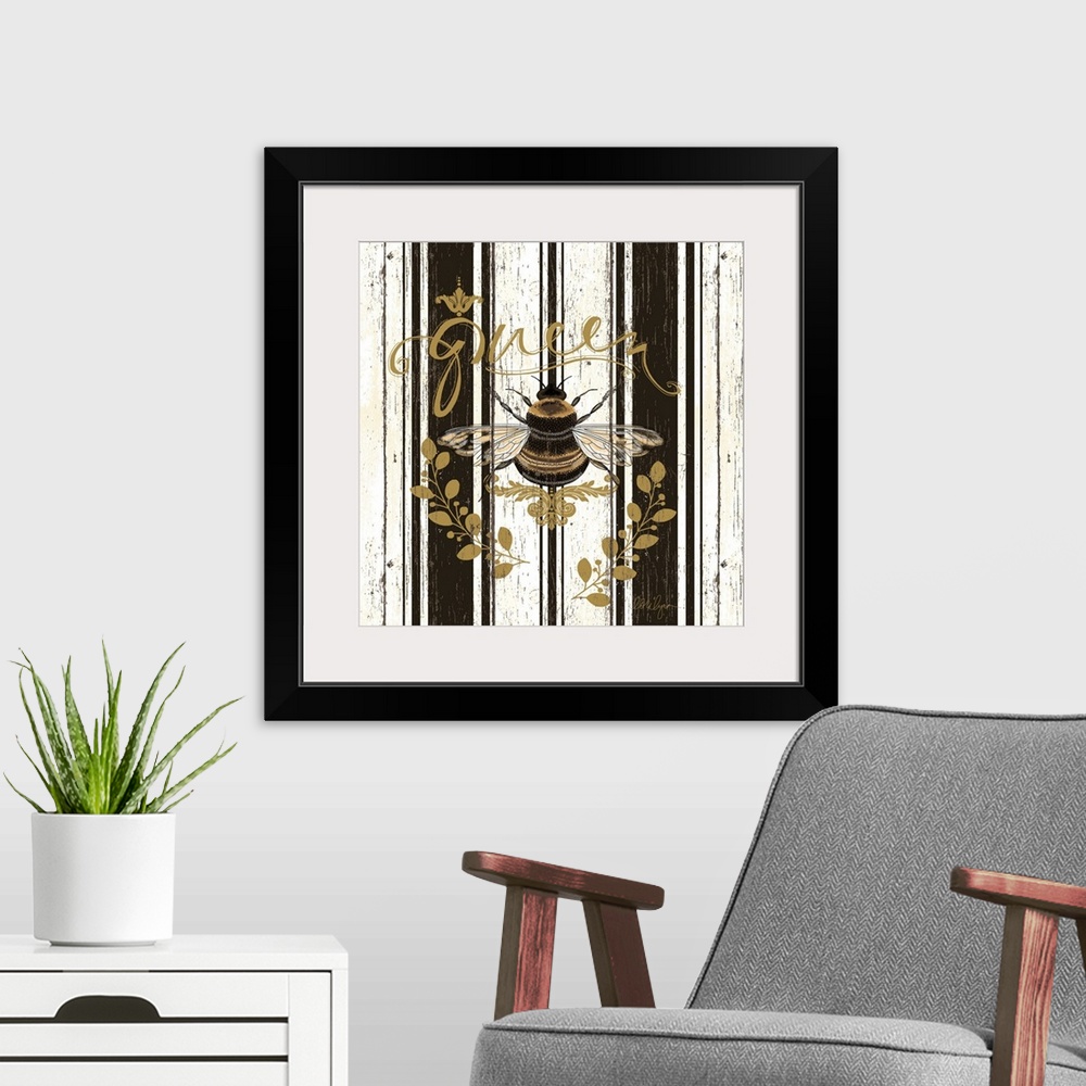 A modern room featuring Bee the queen of your domain with this wonderful art!