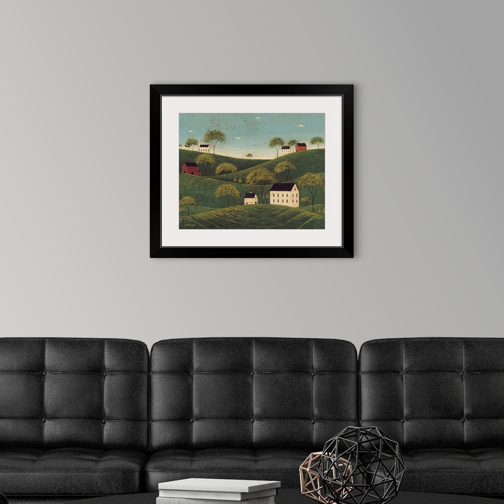 A modern room featuring This rustic folk art painting shows Georgian Colonial farmhouses perched on hilltops in the middl...