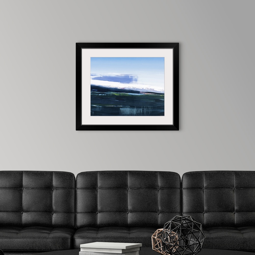 A modern room featuring A contemporary painting of an abstract landscape using dark colors.