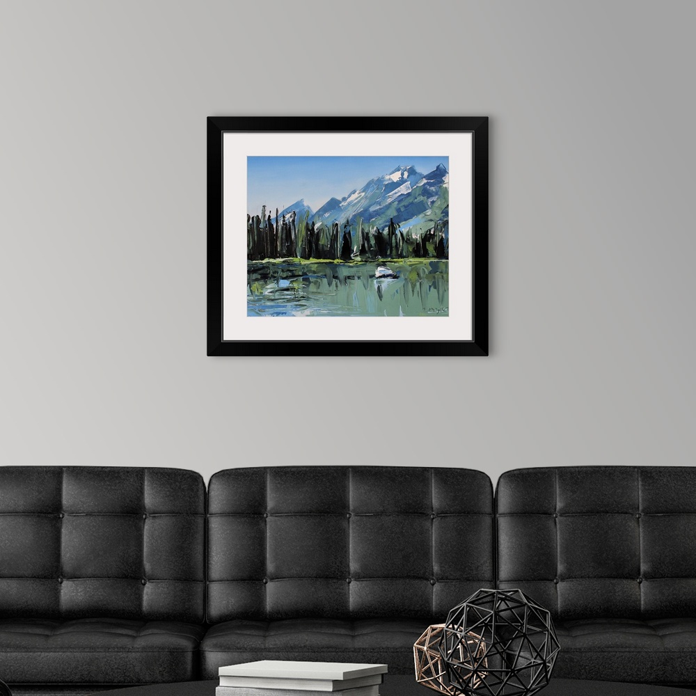 A modern room featuring Contemporary palette knife painting of green trees lining a body of water with mountains in the b...