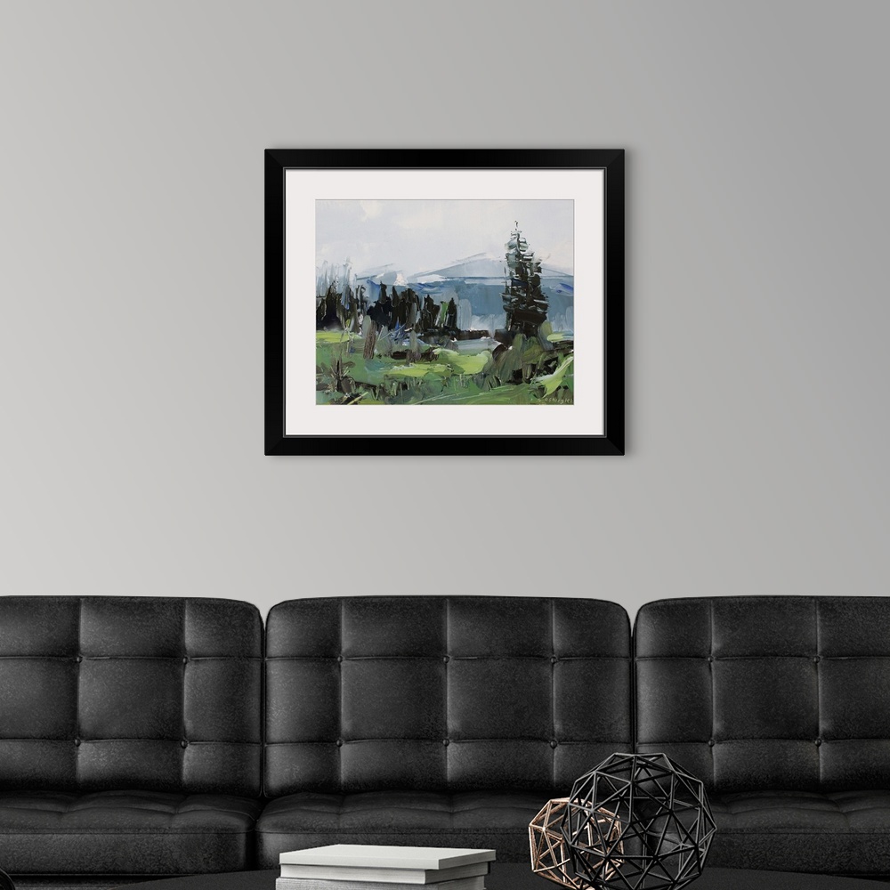 A modern room featuring Contemporary palette knife painting of a green valley under a gray sky in the Colorado Rocky Moun...