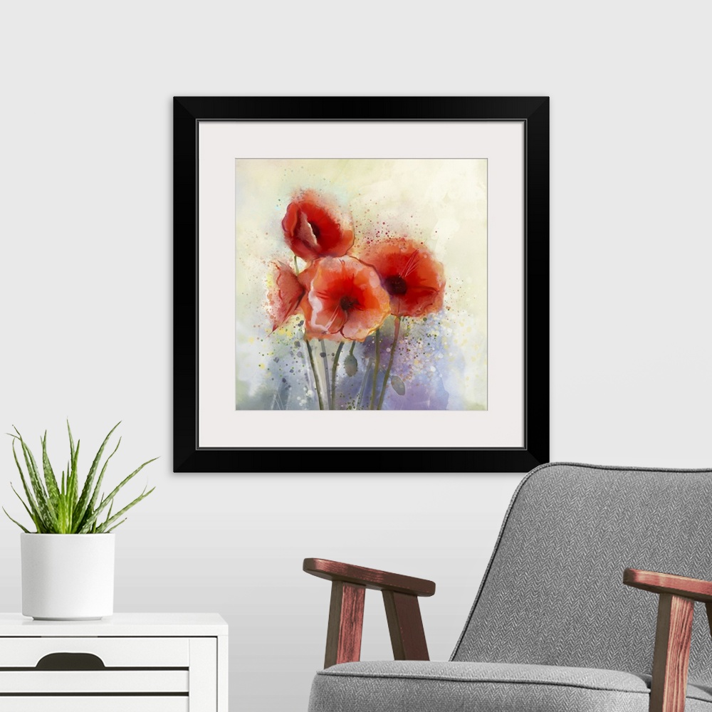 A modern room featuring Originally a watercolor red poppy flowers painting. Flowers in soft color and blur style for back...