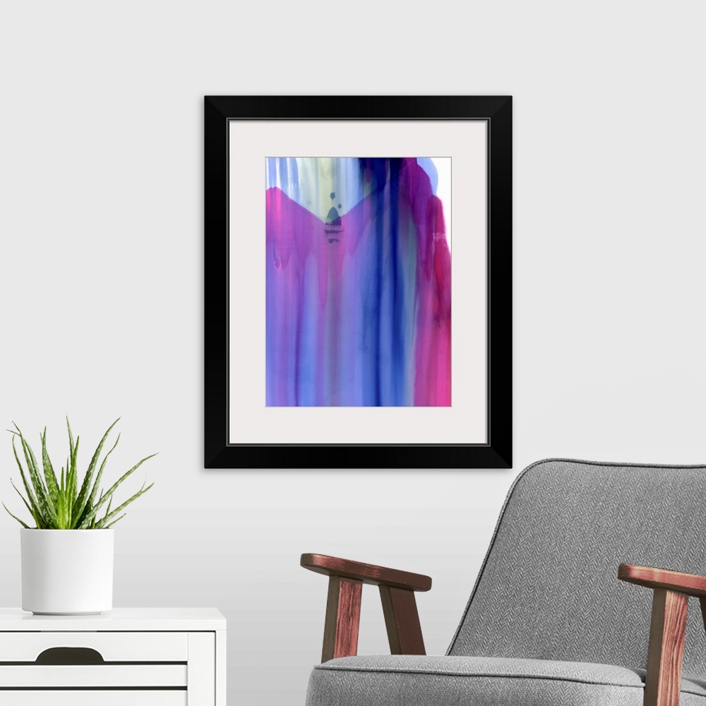 A modern room featuring A contemporary abstract painting of almost transparent purple and pink fluid cascading down over ...