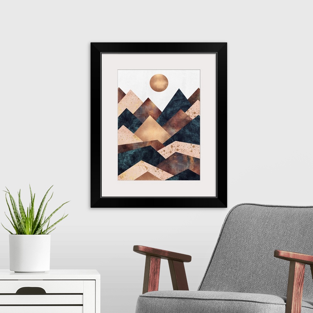 A modern room featuring A simple geometric interpretation of triangular mountains in shades of metallic dark blue-green, ...