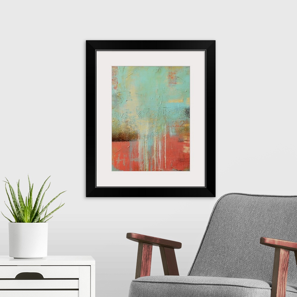 A modern room featuring Contemporary abstract painting in pastel colors featuring drips of paint and textured elements, r...