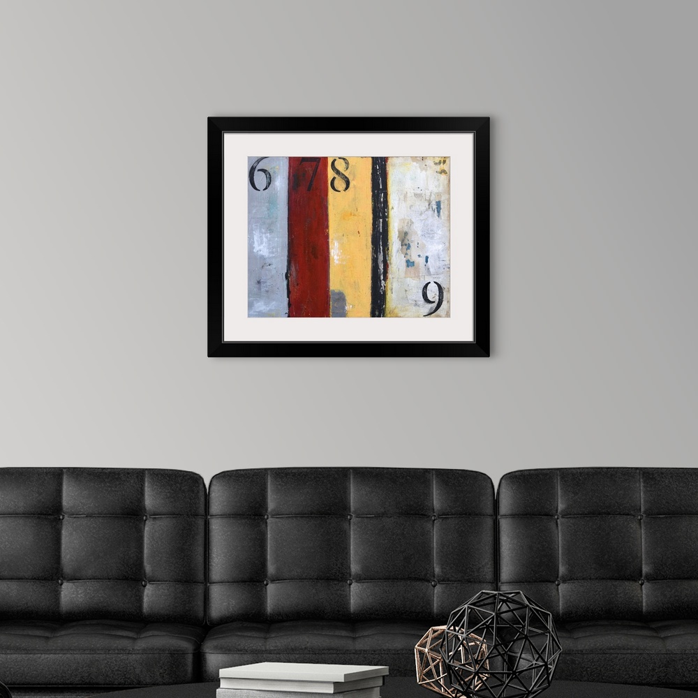 A modern room featuring A contemporary abstract painting with grey, red, yellow and black vertical panels and the number ...