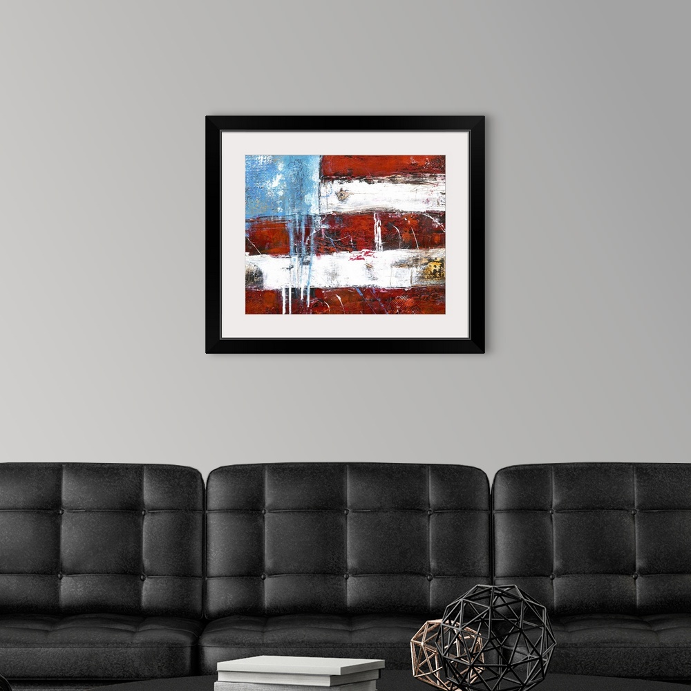 A modern room featuring Contemporary abstract painting of the American flag.