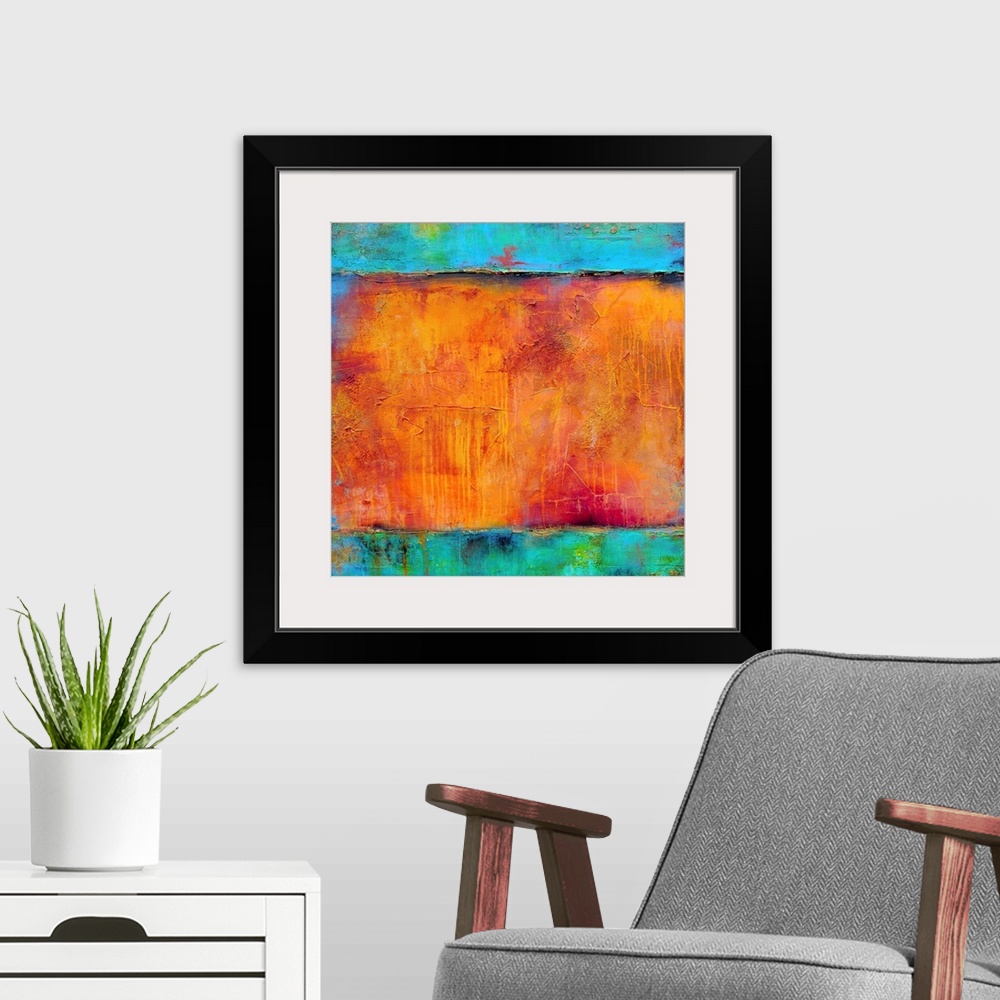 A modern room featuring A vividly colored gicloe print of contemporary painting created with building up layers of paint ...