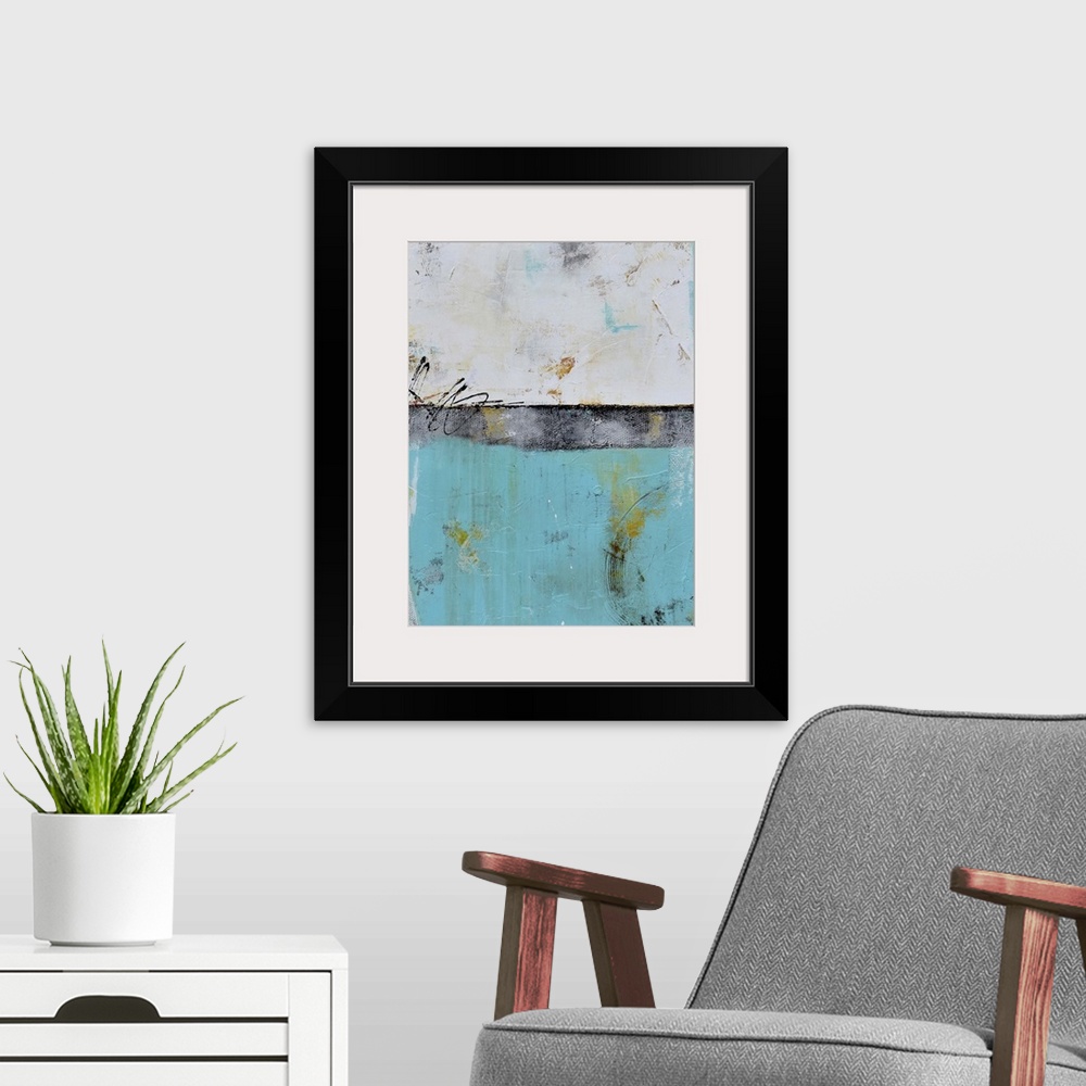 A modern room featuring A contemporary abstract painting using a neutral color in the top portion of the image and teal o...