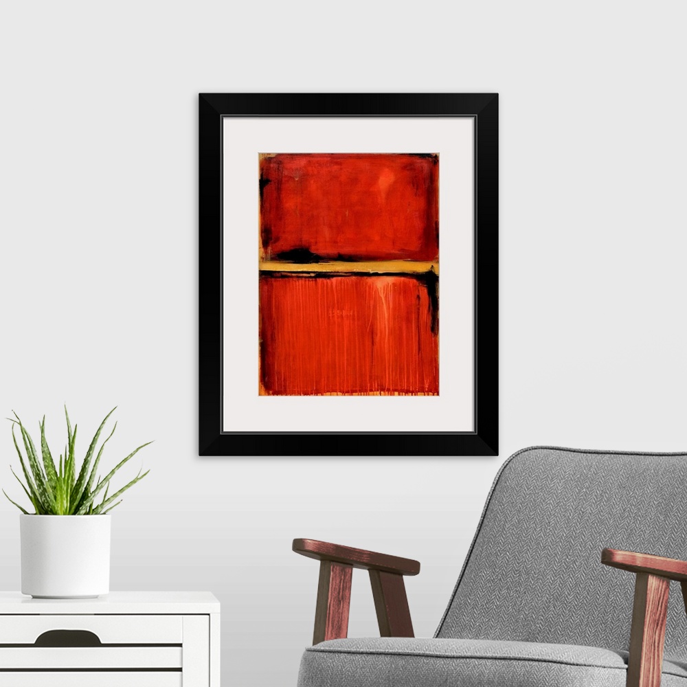 A modern room featuring Contemporary abstract artwork in deep red with an orange stripe.