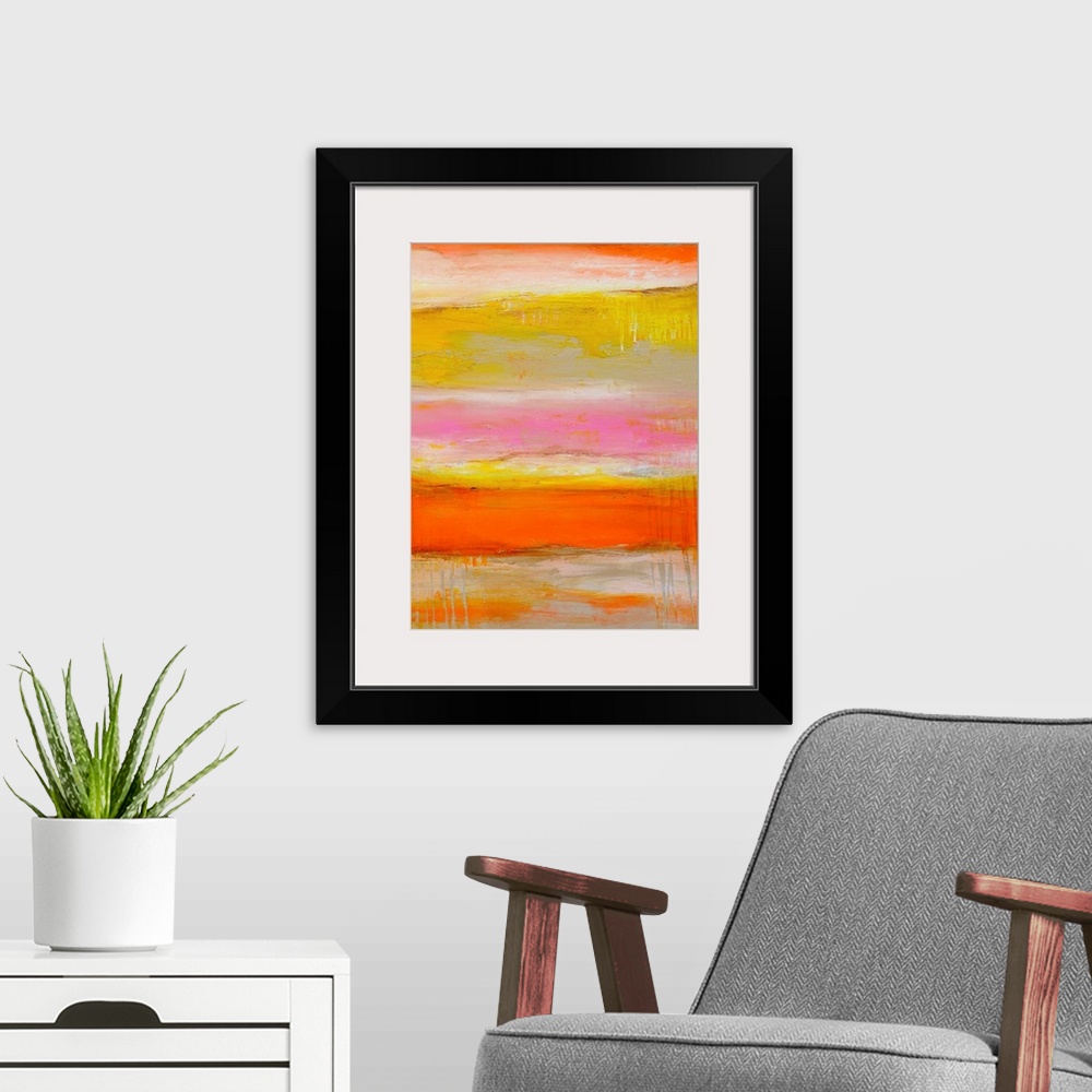 A modern room featuring Tall abstract painting of various bright colors layered horizontally with textured brush strokes.