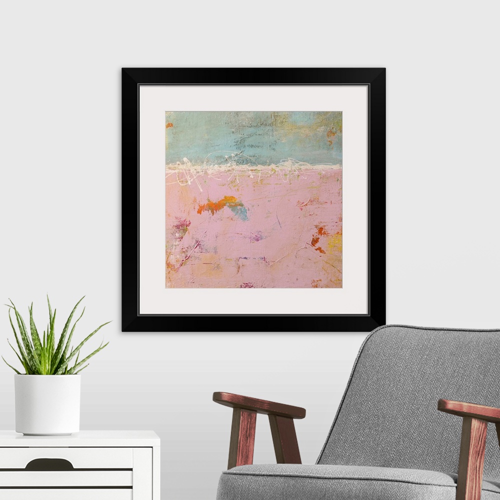 A modern room featuring Large, square artwork for a living room or office of pastel colors in patches and rough texture, ...