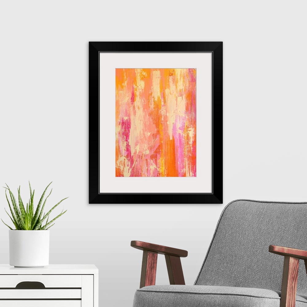 A modern room featuring Abstract modern art piece featuring streaks of vibrant colors creating a rough texture.