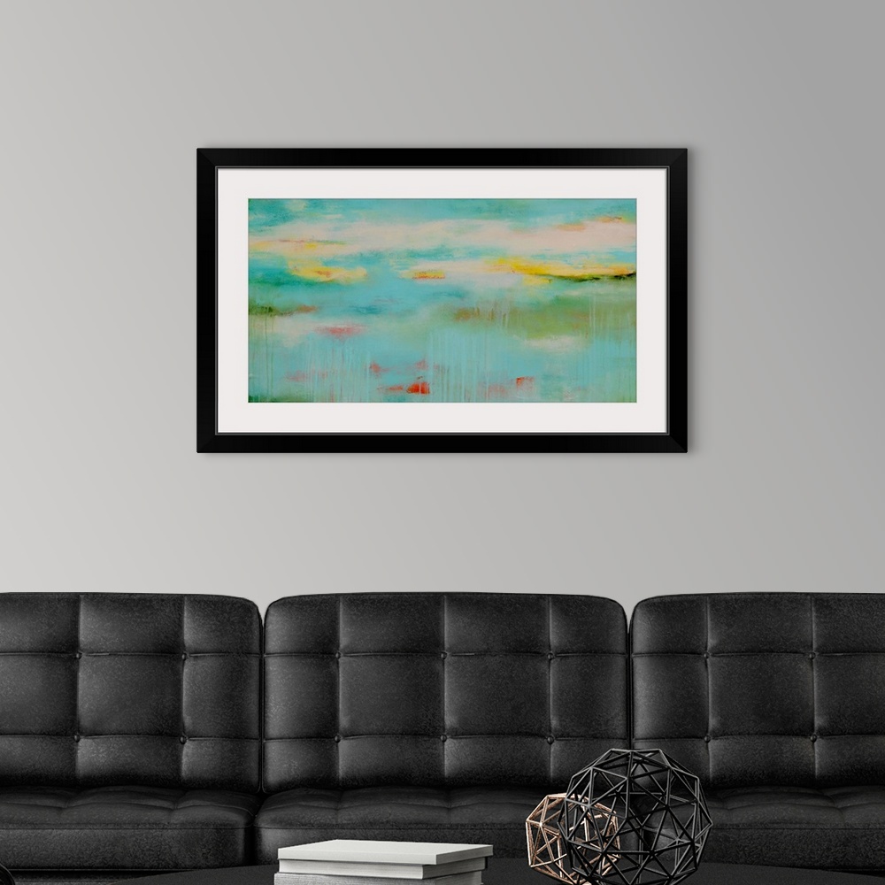A modern room featuring Abstract contemporary painting in light, pastel colors, resembling a calm pond in the early morning.