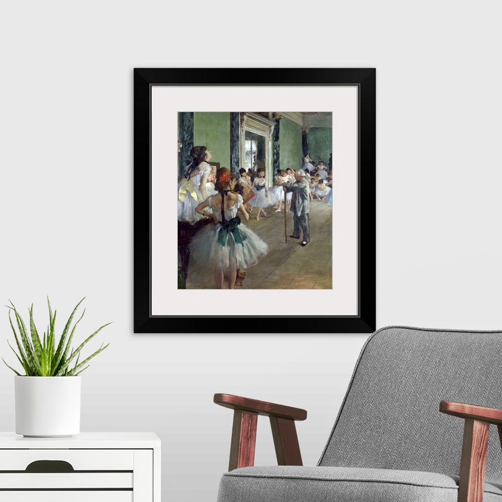 A modern room featuring Edgar Degas, French School. The Ballet Class. 1873. Oil on canvas, 0.85 x 0.75 m. Paris, musee d'...
