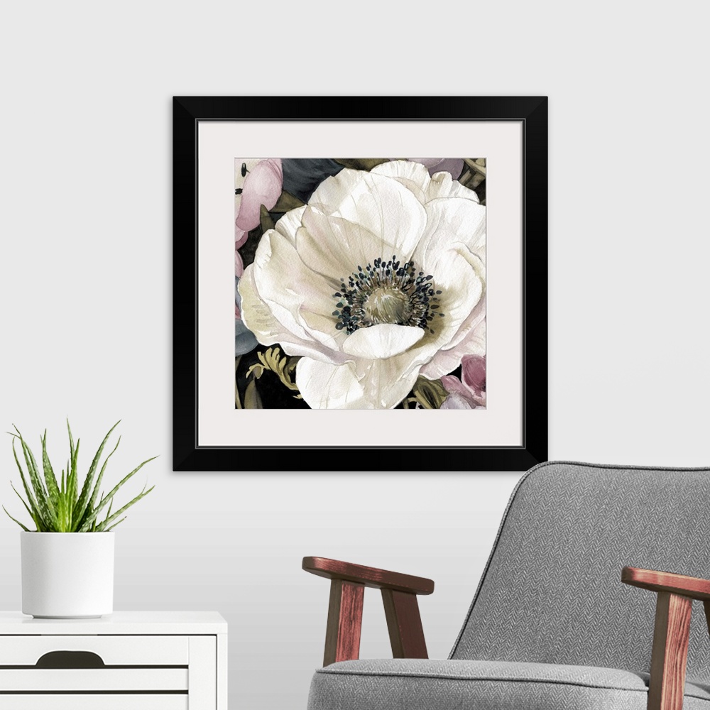 A modern room featuring A watercolor painting of a white anemone flower close-up with different colored flowers around it.
