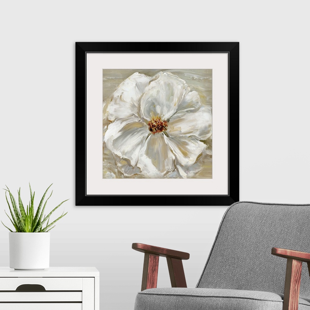 A modern room featuring Square contemporary painting of one large white flower on a neutral colored background.