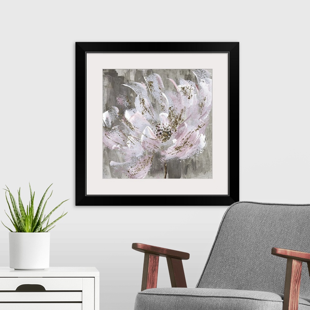 A modern room featuring Semi abstract artwork of a flower with paint splatters and pale pink petals.