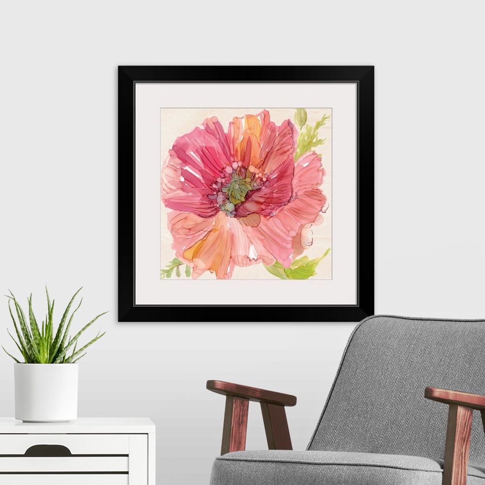 A modern room featuring Square watercolor painting of a pink poppy with some orange tones and bright green leaves.