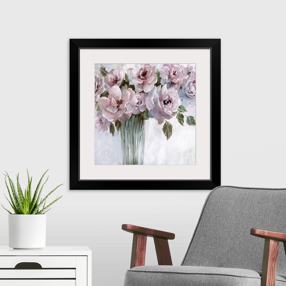 A modern room featuring Square painting of a bouquet of flowers with pink and purple tones.
