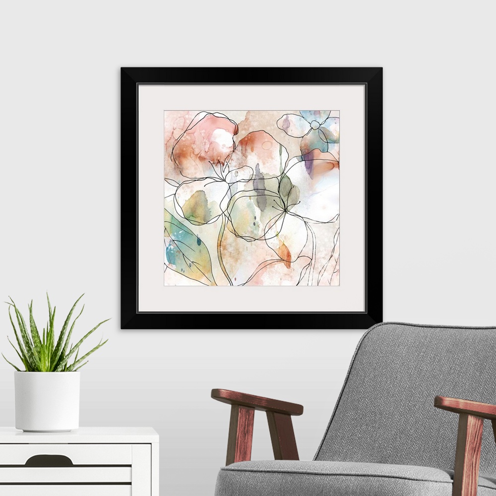 A modern room featuring Abstract floral decor with black outlines of flowers on a multi-colored watercolor background.