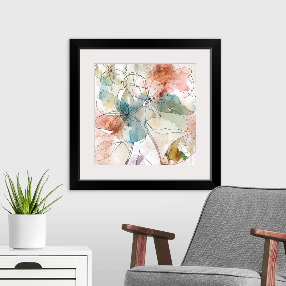 A modern room featuring Abstract floral decor with black outlines of flowers on a multi-colored watercolor background.