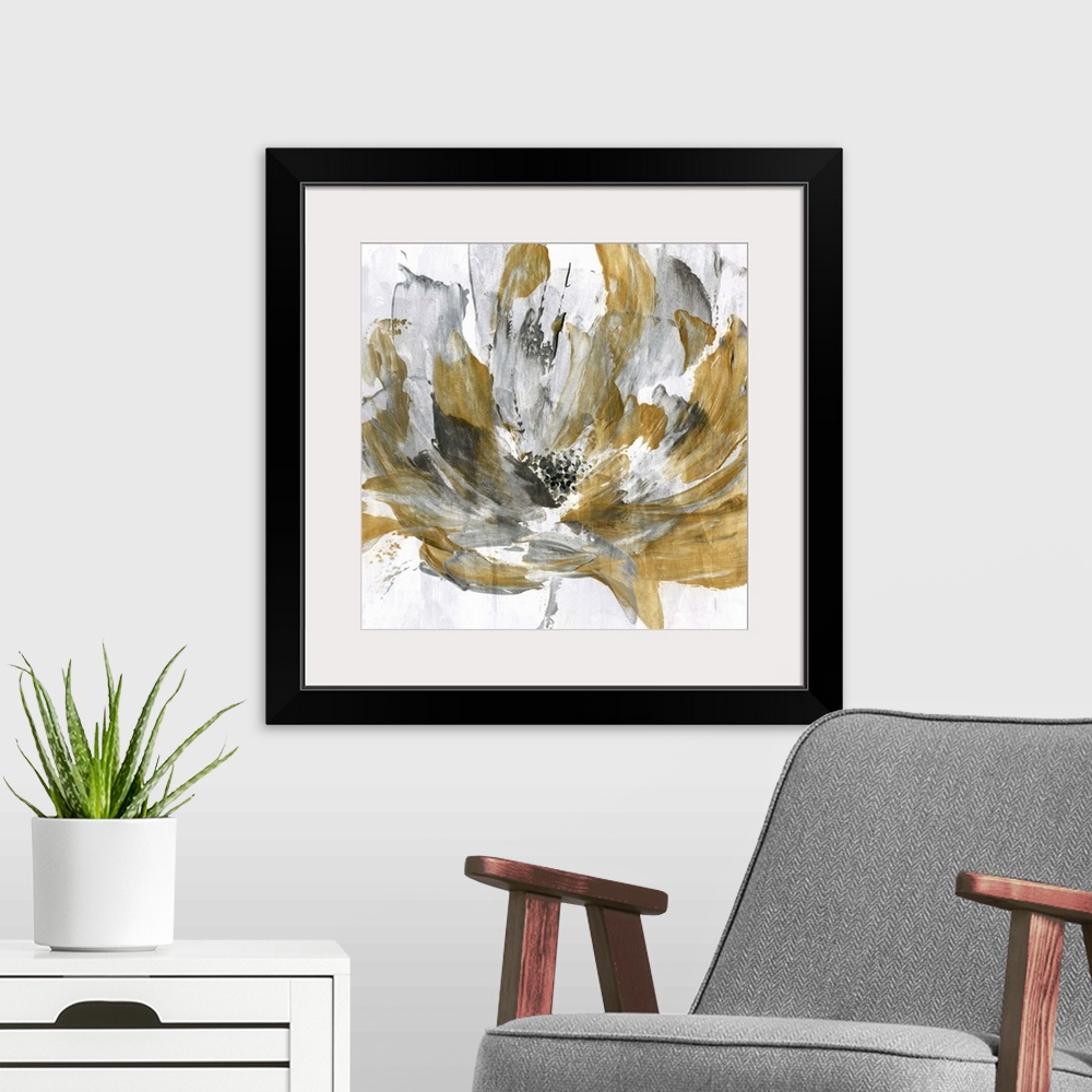 A modern room featuring Square abstract painting of a gold and silver flower.