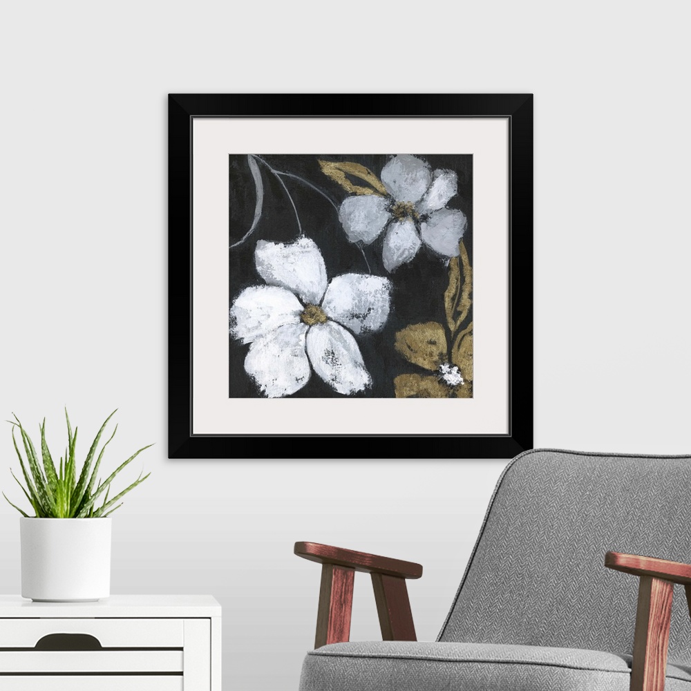 A modern room featuring Flowers of a gold metallic color and white stand out against a black backdrop in this painting.