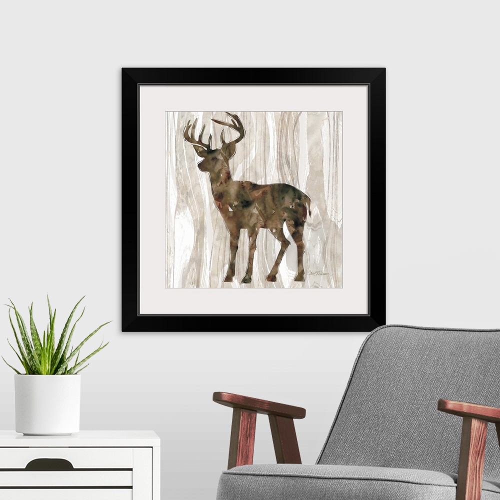 A modern room featuring A watercolor painting of a deer on a wood patterned background.