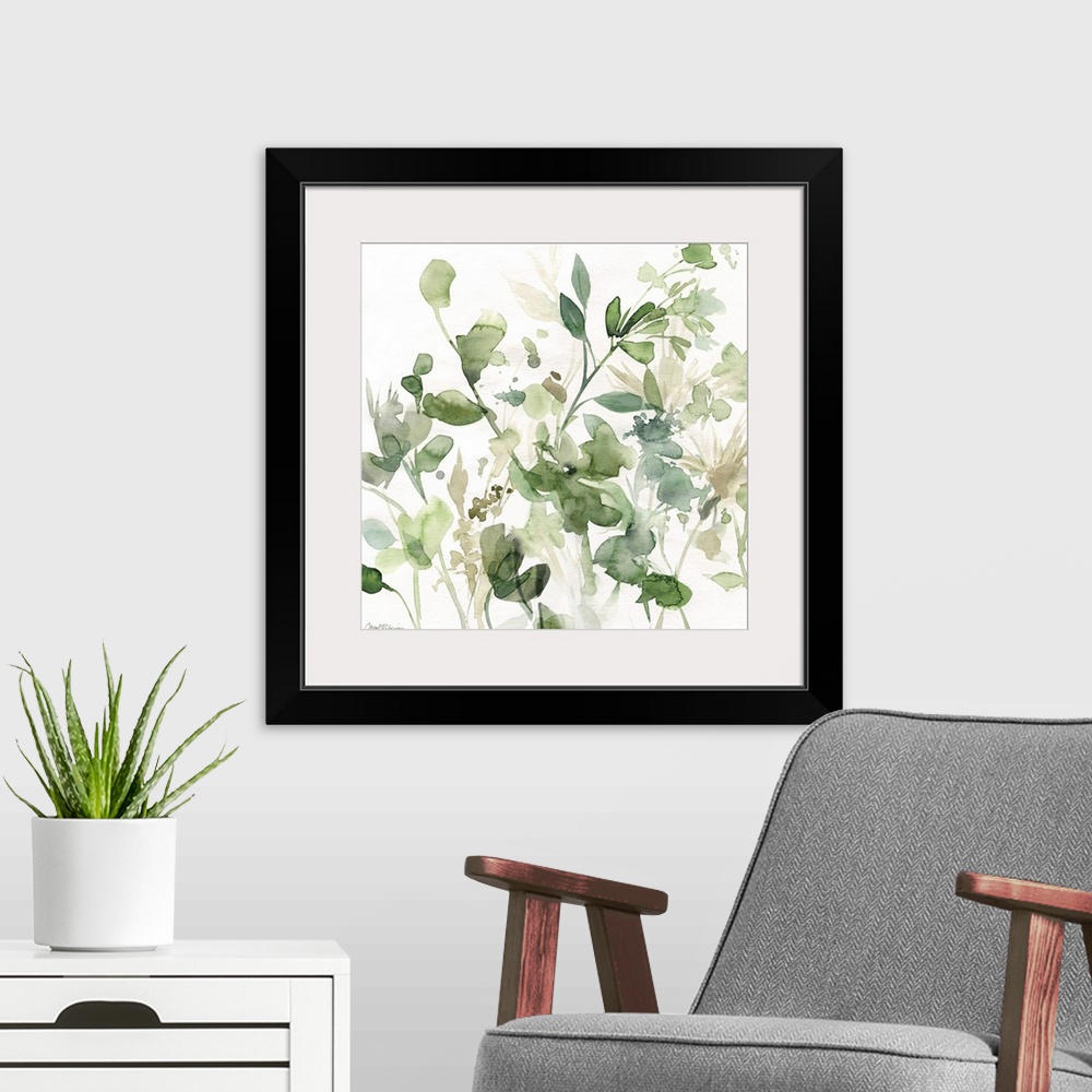 A modern room featuring Square watercolor painting of an abstract garden with flowers and vegetation in shades of green, ...
