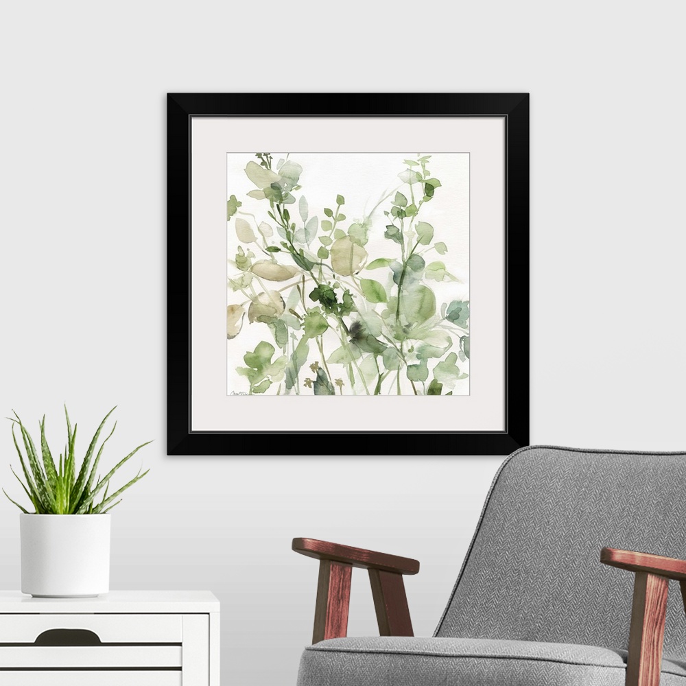 A modern room featuring Square watercolor painting of a sage garden in shades of green and beige on a white background.