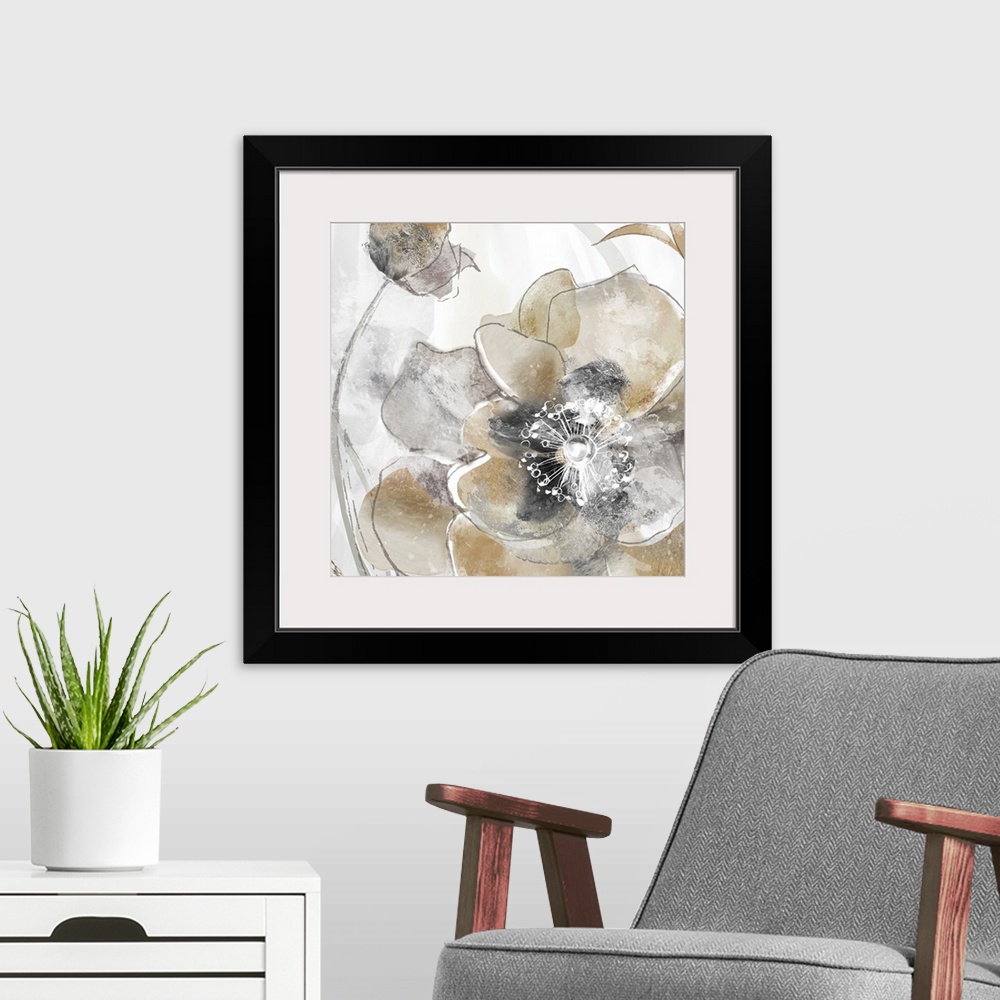A modern room featuring Square painting of poppy flowers in shades of gold and silver with white highlights.